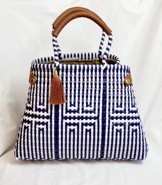 Lola Bucket Bag - Blue White with Tan Handle Double