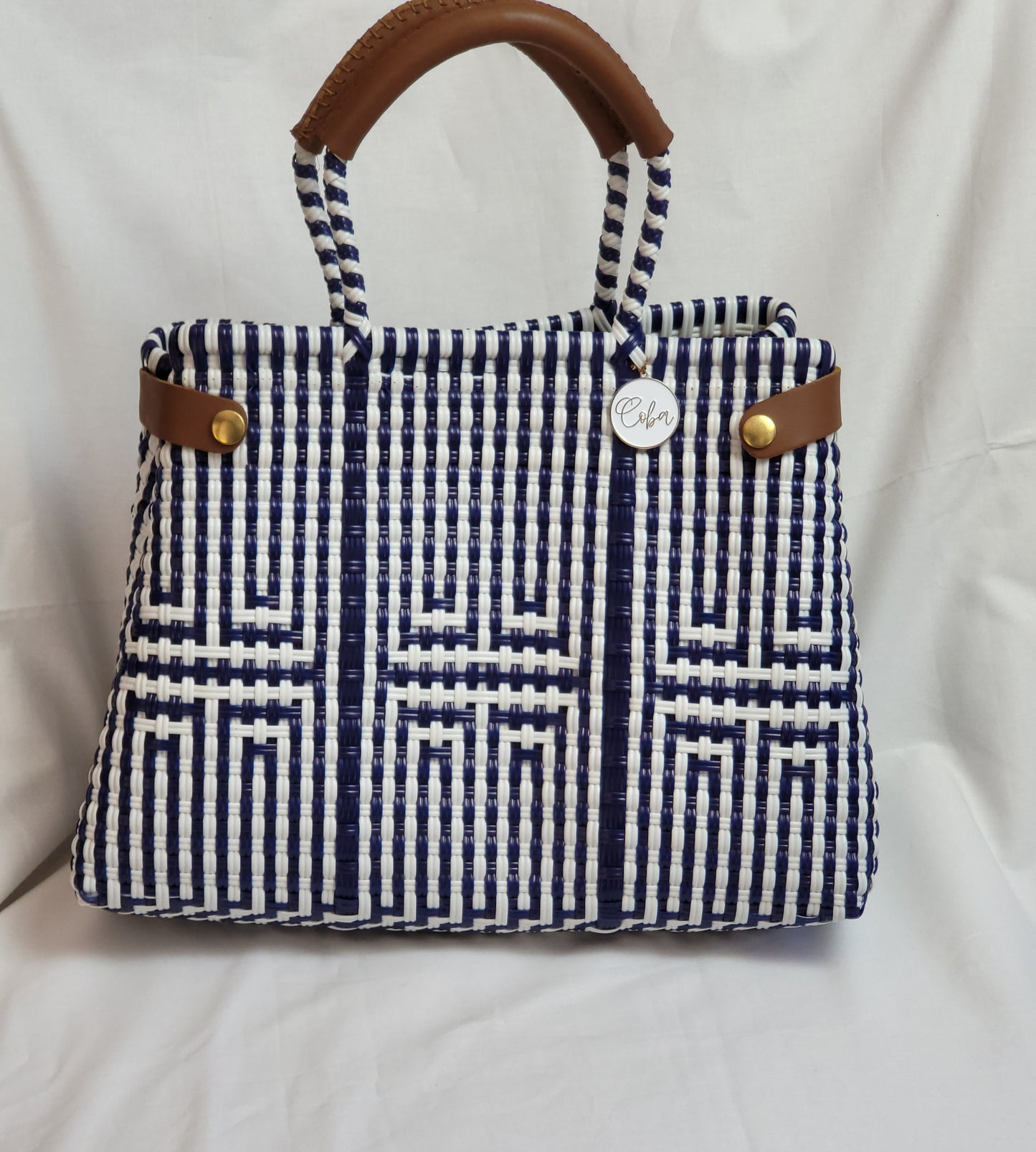 Lola Bucket Bag - Blue White with Tan Handle Double