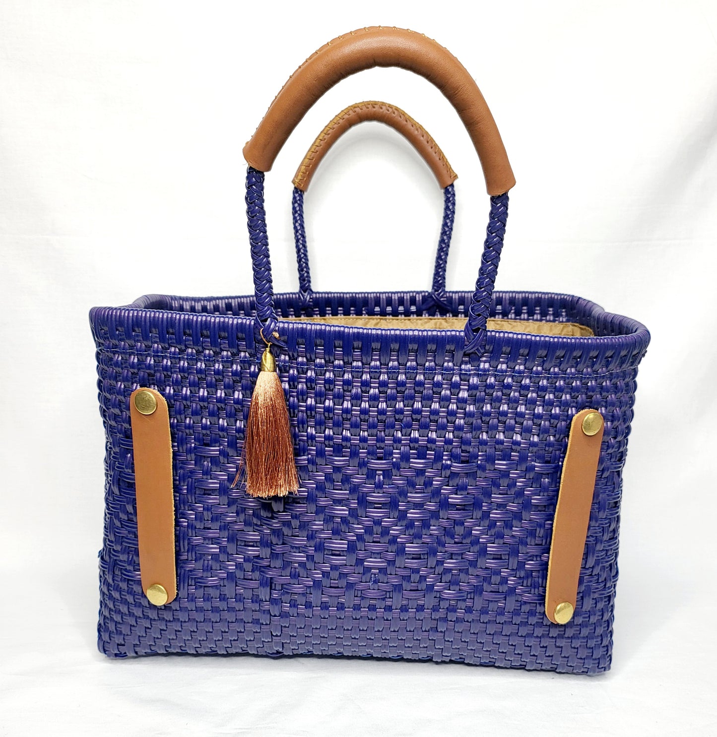 Lola Bucket Bag - Royal Blue Weave with Tan Handle